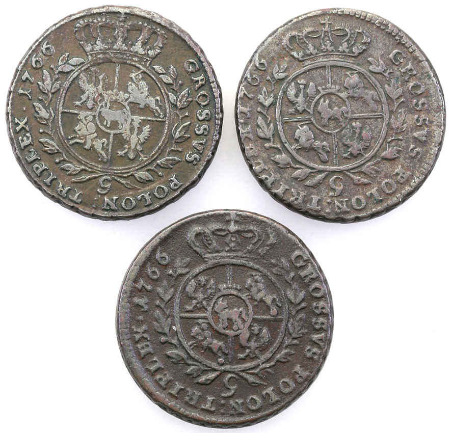 Stanisław August Poniatowski. Trojak (3 grosze) 1766 g, Kraków - zestaw 3 monet
